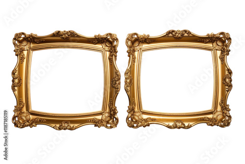 Ornate golden picture frames displayed side by side, ready for artwork or photographs in a decorative setting photo