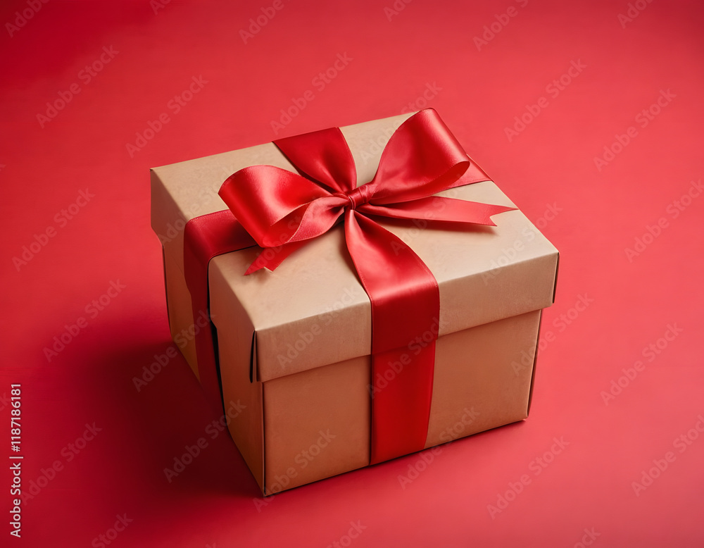 gift box with red ribbon on red background, Valentine's special gift, AI-generated, Kraft box with red ribbon, birthday present gift box with red ribbon on red background, Valentine's special gift, AI-generated, Kraft box with red ribbon, birthday present