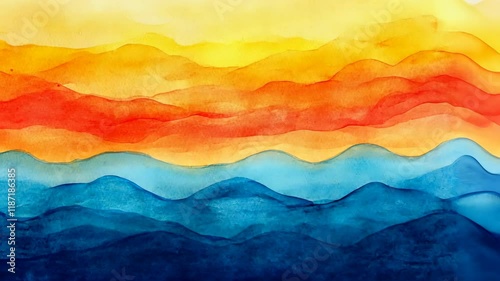 Vibrant watercolor landscape depicting layered mountains with warm hues and cool blues at sunset