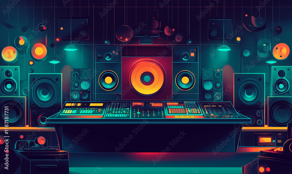 Fototapeta premium A vibrant music studio featuring a mixing console, large speakers, and colorful lighting, perfect for creating soundscapes.