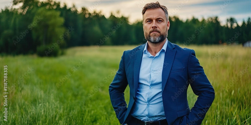 Swedish businessman in blue suit outdoors in grassy field