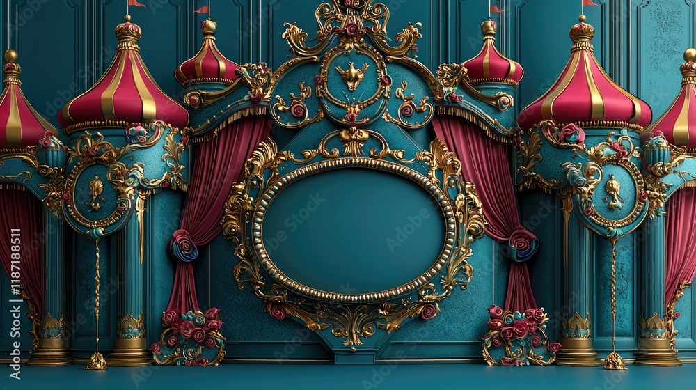 Fototapeta premium Ornate Gold Teal Rococo Stage Design with Blank Centerpiece