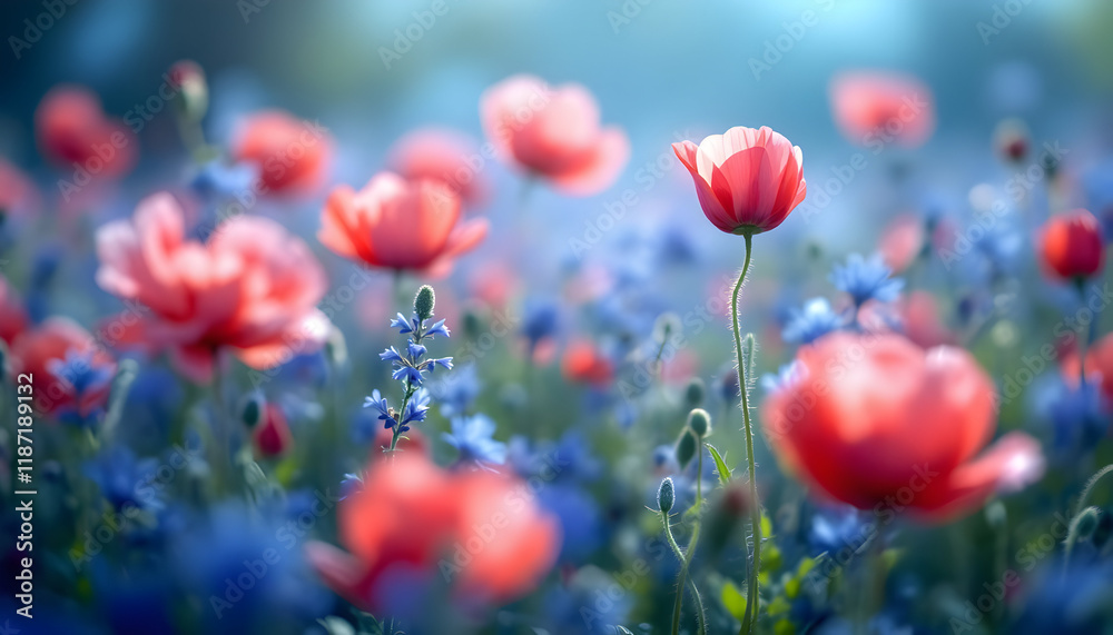 Obraz premium Serene Poppy Field: Delicate Blooms in a Soft Blue Haze