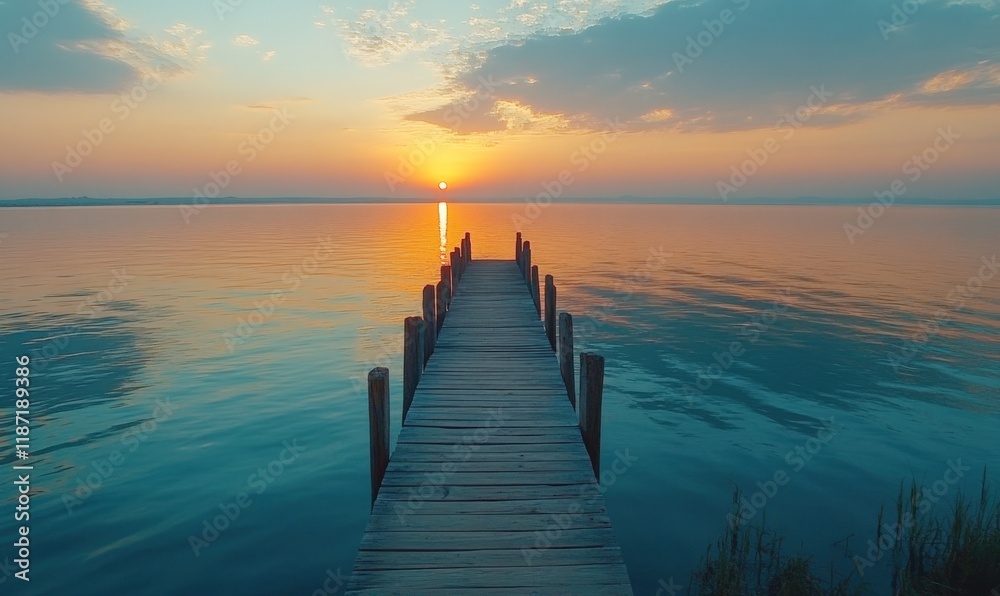 Serene sunset over calm lake, wooden pier extending to horizon. Serene sunset over calm lake, wooden pier extending to horizon.
