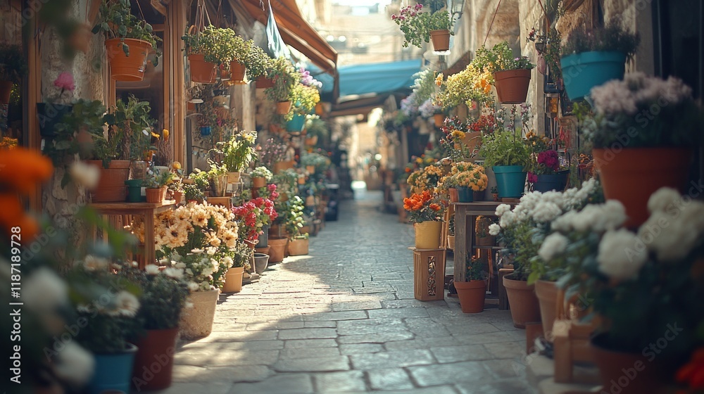 Fototapeta premium Flower shop alley in historic town, sunny.