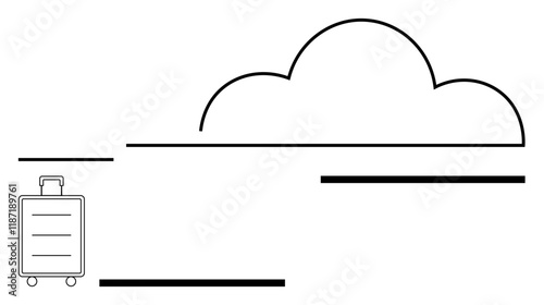 Rolling suitcase and cloud outline in abstract style imply travel, exploration, and movement. Ideal for tourism, holidays, logistics, global mobility, freedom, aspirations and minimalist design
