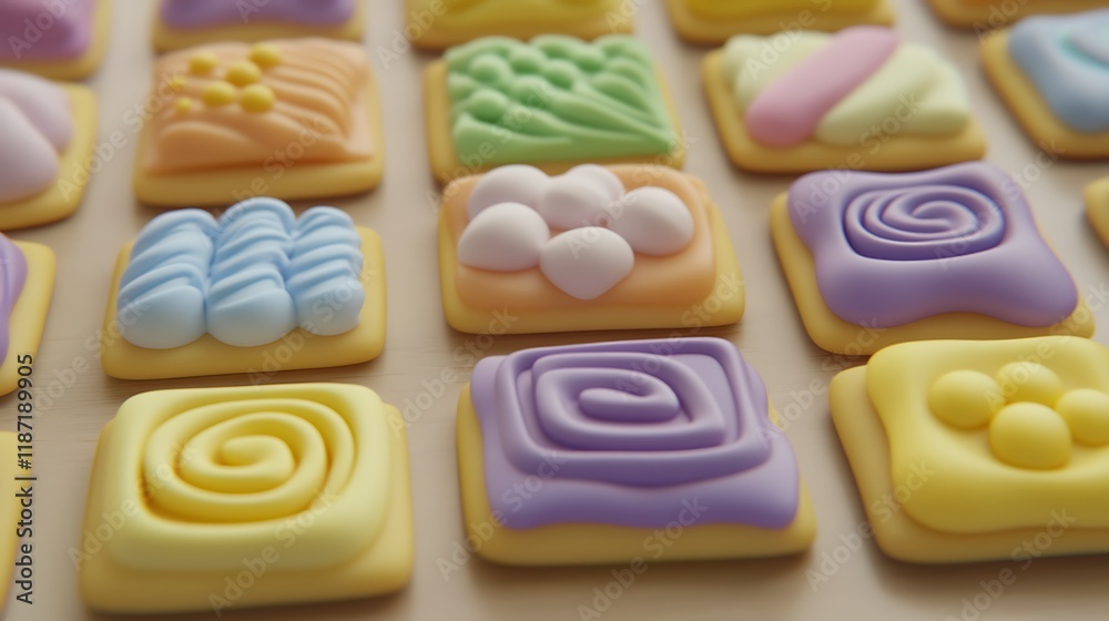 Colorful Square Cookies With Pastel Icing Designs Colorful Square Cookies With Pastel Icing Designs