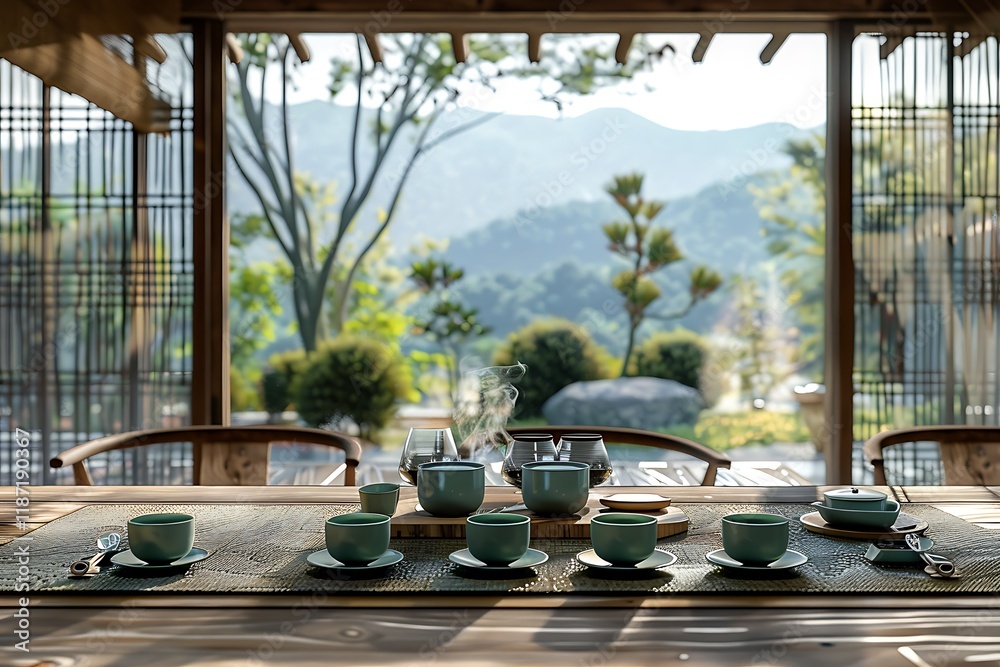 Fototapeta premium Serene tea ceremony setting in a traditional Asian teahouse overlooking a tranquil garden and mountains.