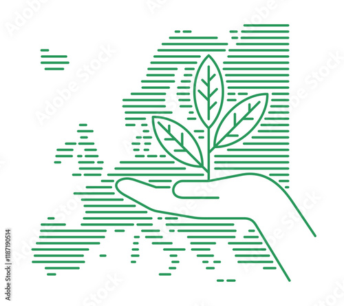 Ecological strategy - Hand holding plant with linear Europe map