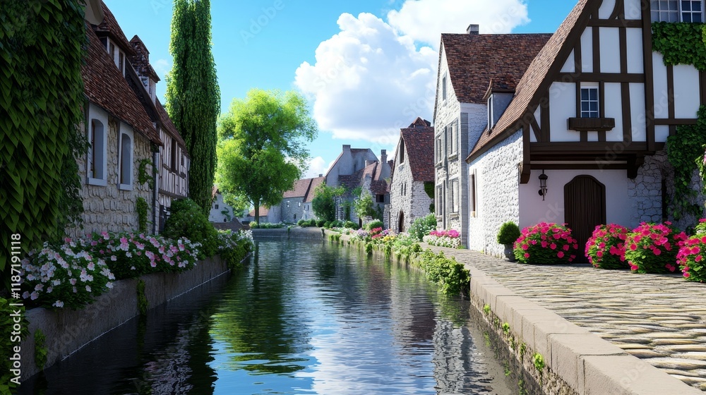 Fototapeta premium Charming Canal Town Scene - Peaceful waterway, quaint houses, lush greenery, vibrant flowers, sunny day. Symbolizes serenity, beauty, tranquility, prosperity, and community.