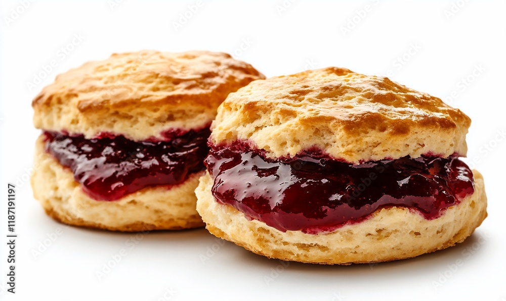 Two blueberry jam biscuits on white background. Perfect for breakfast or snacking Two blueberry jam biscuits on white background. Perfect for breakfast or snacking