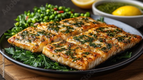 Grilled fish fillets with herbs on plate; greens & sauce in background.