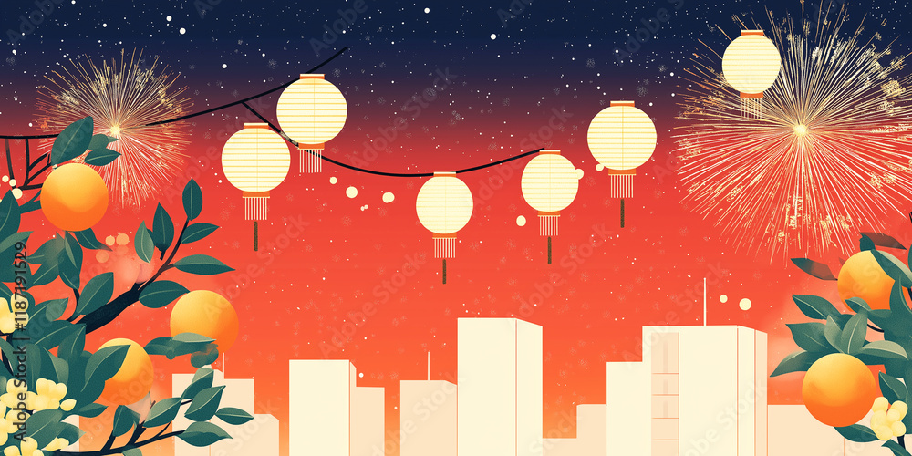 Fototapeta premium vibrant chinese street scene with dragon lanterns, fireworks, and mandarins in flat design 