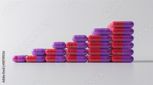 Red and purple capsules stacked in ascending order, forming a bar graph shape on a clean white background. Concept of healthcare trends. 3D