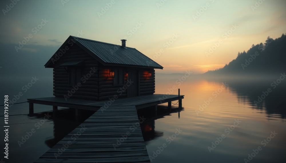 Fototapeta premium Serene floating cabin on a calm lake at sunrise with misty backdrop