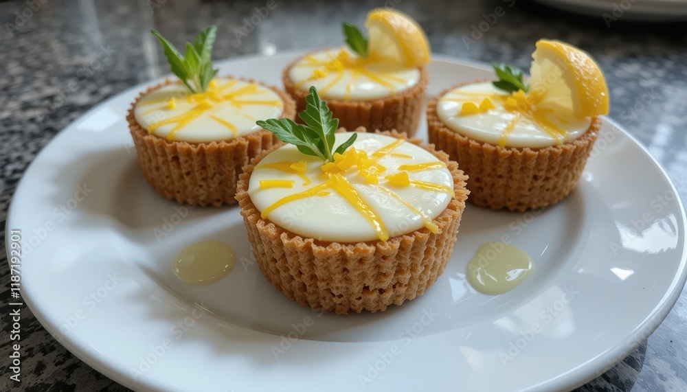A small cheesecake with a smooth white cream topping sits at the center, surrounded by a crumbly graham cracker crust. Bright yellow orange zest decorates the top, adding a fresh and vibrant touch. A small cheesecake with a smooth white cream topping sits at the center, surrounded by a crumbly graham cracker crust. Bright yellow orange zest decorates the top, adding a fresh and vibrant touch.