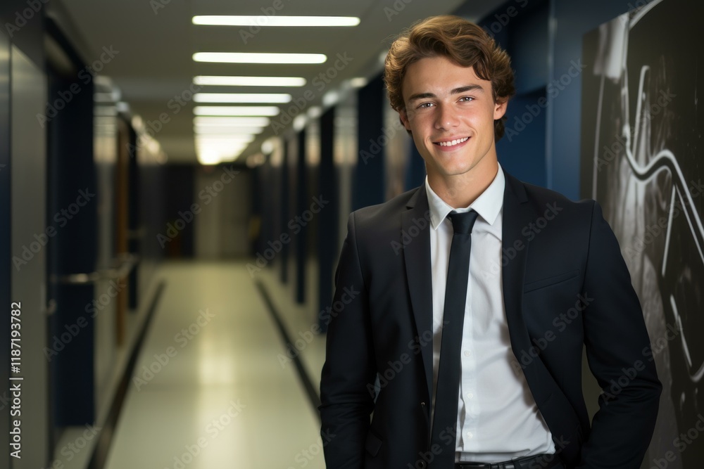 Naklejka premium Portrait of a smiling young businessman standing in an office corridor