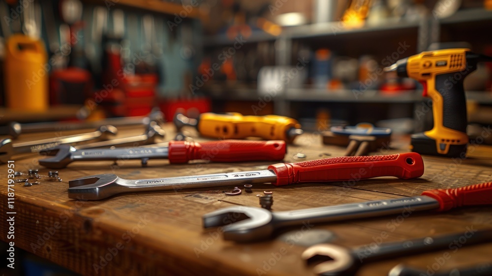 Close-up of various hand tools on a wooden workbench in a workshop, including wrenches, hammers, and a cordless drill. Close-up of various hand tools on a wooden workbench in a workshop, including wrenches, hammers, and a cordless drill.