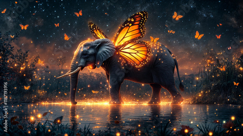 Fantastic image of an elephant with butterfly wings in a fantastic and mystical natural environment