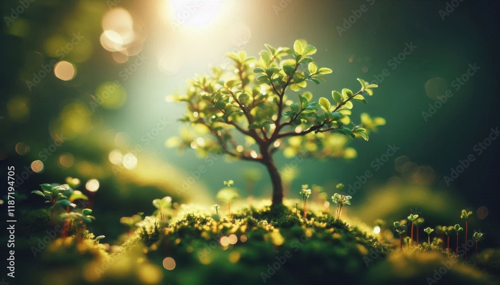 Obraz premium Mystical forest, bonsai tree, glowing fireflies, magical atmosphere, shafts of light, ethereal mist, fantasy landscape, miniature ecosystem, vibrant greens, dream-like scene, surreal lighting, fairy t