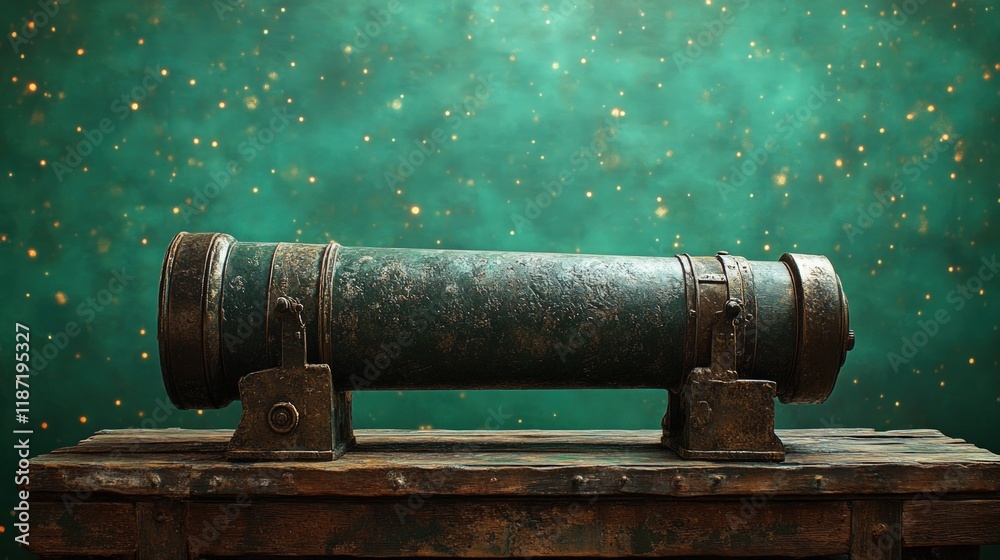 Antique cannon rests on weathered wooden table. Antique cannon rests on weathered wooden table.