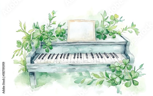 A whimsical watercolor illustration of a piano adorned with greenery, creating a serene, nature-inspired atmosphere.