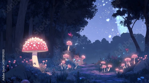 Enchanted Forest Night Scene with Glowing Mushrooms
