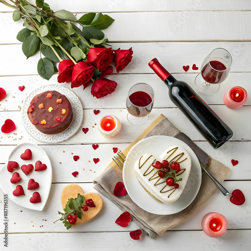 assortment for valentines day dinne on hite wood photo