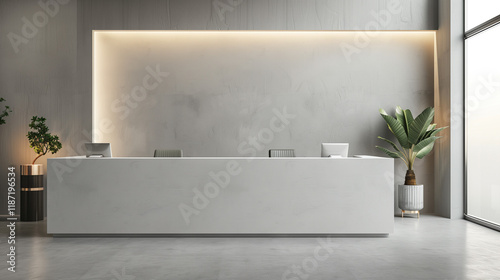 White reception counter in modern room with light gray walls. Blank registration desk in hotel, spa or office. Reception mock up with copy space for branding, logo. Contemporary style. 3D rendering.