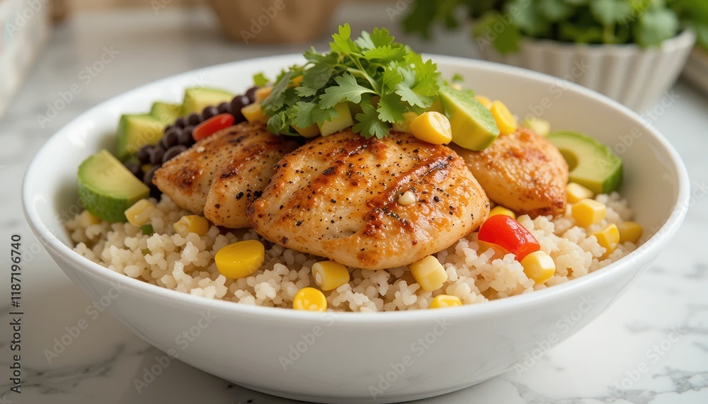 A Southwest Chicken Bowl featuring golden brown, spice-seasoned chicken atop a bed of white rice mixed with sweet corn and vibrant red peppers. A hearty and colorful dish bursting with flavor. A Southwest Chicken Bowl featuring golden brown, spice-seasoned chicken atop a bed of white rice mixed with sweet corn and vibrant red peppers. A hearty and colorful dish bursting with flavor.