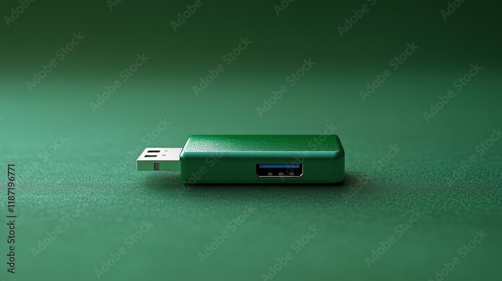 Green USB flash drive on green surface. Green USB flash drive on green surface.