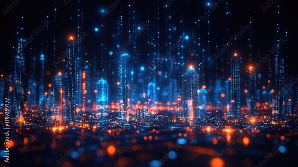 Obraz premium Digital city skyline at night with data flow, ideal for tech backgrounds.