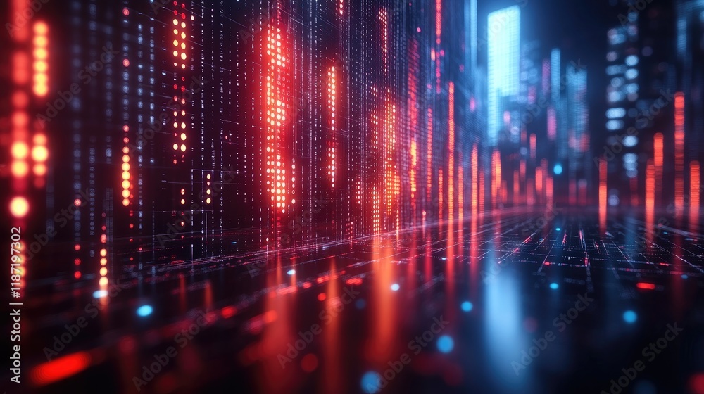 Obraz premium Digital city with binary code streams, data flow, futuristic cityscape background.