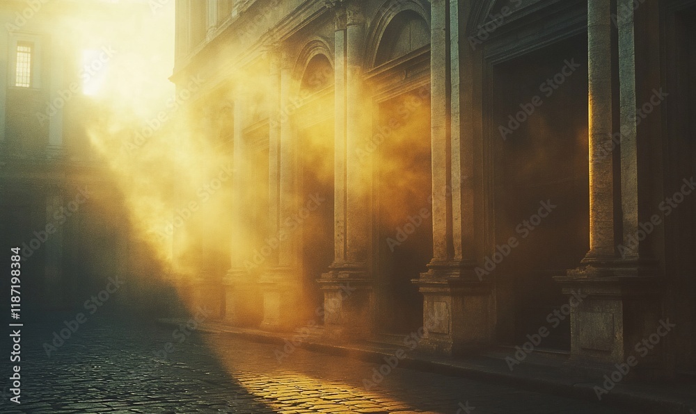 Obraz premium Sunlit cobblestone street, ancient building, morning mist, historical city, travel photography