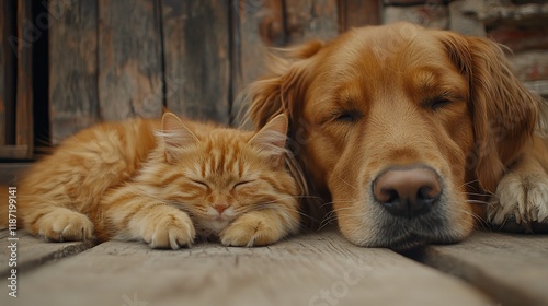 Wallpaper Mural Golden retriever and ginger cat napping together outdoors on wood. Torontodigital.ca
