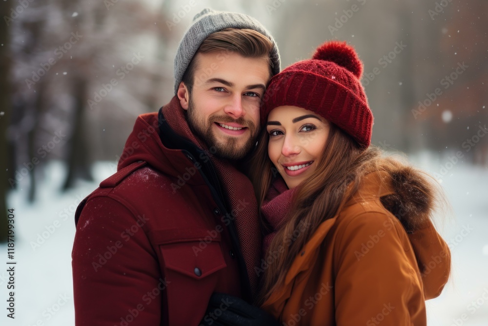 Romantic couple enjoying a snowy day in winter forest, wearing warm clothing and smiling Romantic couple enjoying a snowy day in winter forest, wearing warm clothing and smiling