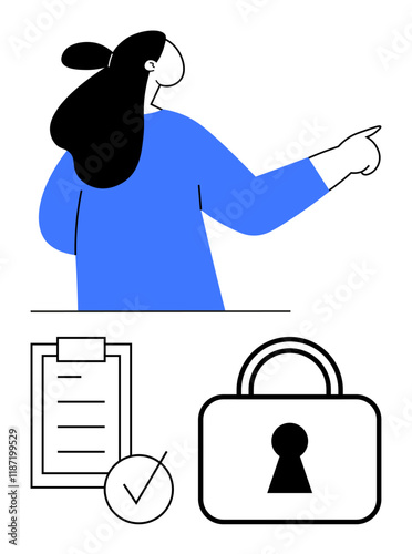 Woman pointing with confidence, clipboard checklist with tickmark, and padlock signifying privacy, accountability, and trust. Ideal for security, privacy, data protection, organization productivity
