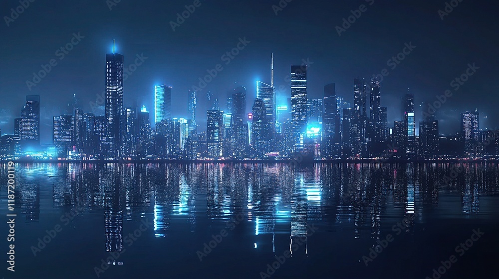 Obraz premium Futuristic Skyline of a Smart Connected City at Night
