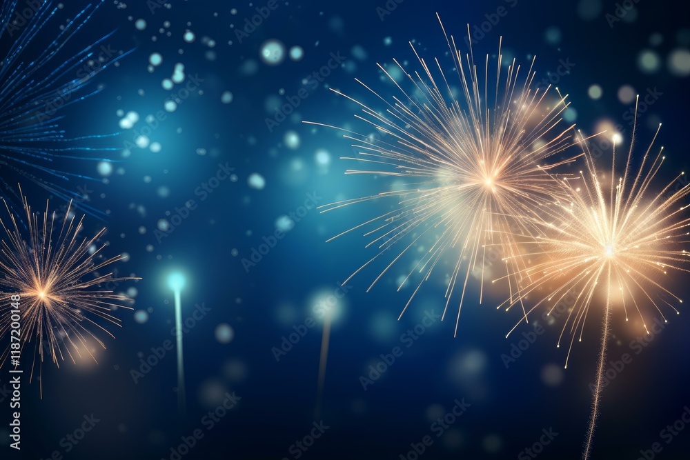 Fototapeta premium Colorful fireworks exploding against a dark blue night sky, creating a festive atmosphere