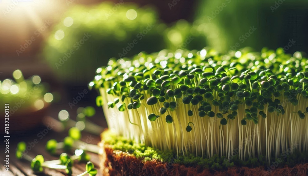 Micro greens sprouting, macro photography, shallow depth of field, vibrant green leaves, soft bokeh background, golden light, organic growth, fresh seedlings, nutritious superfoods, garden close-up, n Micro greens sprouting, macro photography, shallow depth of field, vibrant green leaves, soft bokeh background, golden light, organic growth, fresh seedlings, nutritious superfoods, garden close-up, n