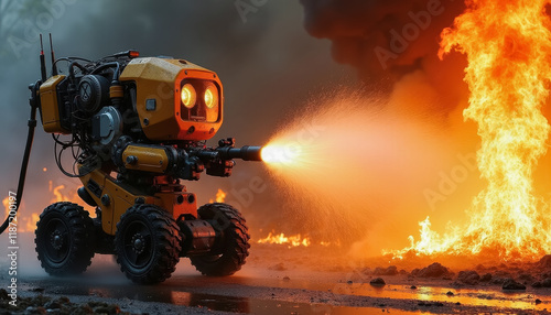 Firefighting robot spraying water on flames in a burning forest, surrounded by smoke and intense firelight, symbolizing advanced technology in disaster response and environmental protection photo