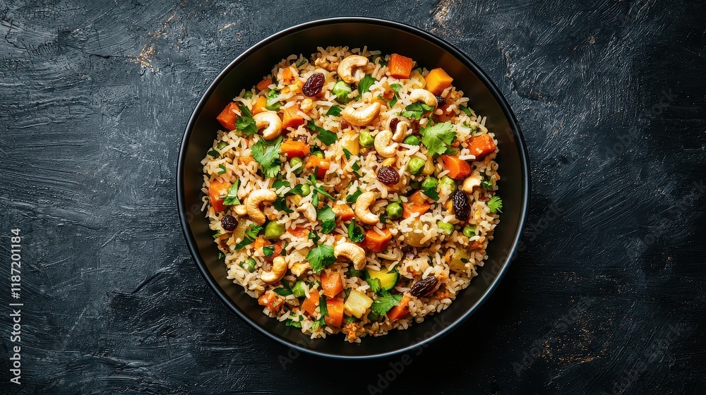 A vibrant bowl of stir-fried rice mixed with vegetables and nuts, showcasing a colorful, healthy dish on a dark textured background. A vibrant bowl of stir-fried rice mixed with vegetables and nuts, showcasing a colorful, healthy dish on a dark textured background.