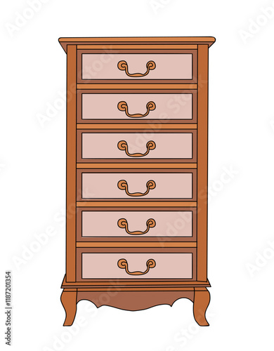 Antique cabinet, sideboard, chest of drawers. Wooden storage furniture in modern trendy retro style for minimalist home design. Flat outline vector illustration isolated on transparent background
