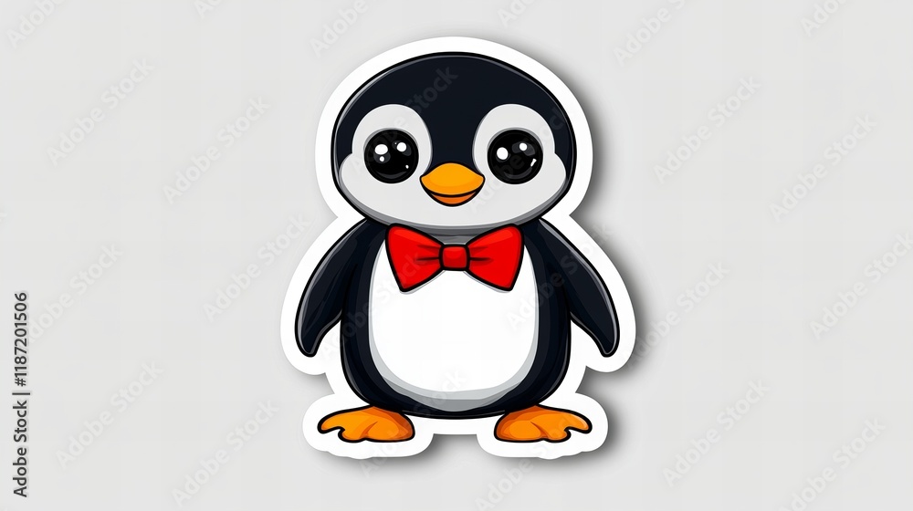 Fototapeta premium Adorable cartoon penguin wearing a red bow tie. A cute illustration perfect for kids!