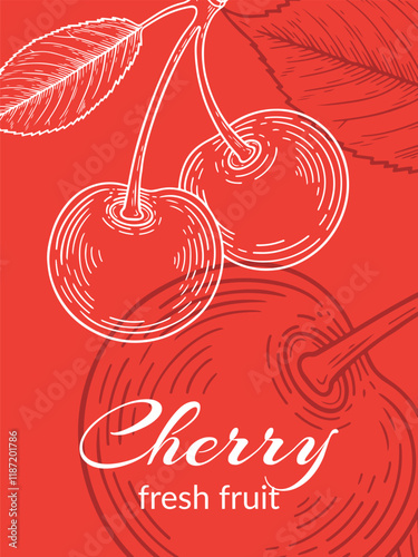 Cherry banner design. line art on red background