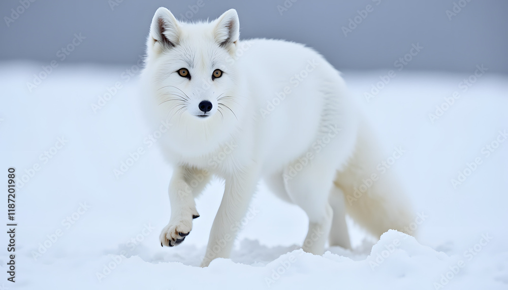 Naklejka premium Attentive Arctic Fox with Amber Eyes Against Snowy Winter Landscape
