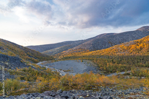 Obraz na płótnie View to Mannepakhp river valley at Khibiny mountains. Stones and small trees. Early autumn in arctic tundra region. Kola peninsula, Murmansk region, Russia. w salonie
