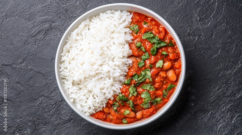 A vibrant bowl of rice paired with a rich, spicy bean curry, garnished with fresh herbs, set against a dark background. A vibrant bowl of rice paired with a rich, spicy bean curry, garnished with fresh herbs, set against a dark background.
