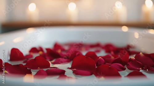 relaxing spa day with rose petals floating in serene bath, surrounded by soft candlelight, creates romantic and tranquil atmosphere for self care photo