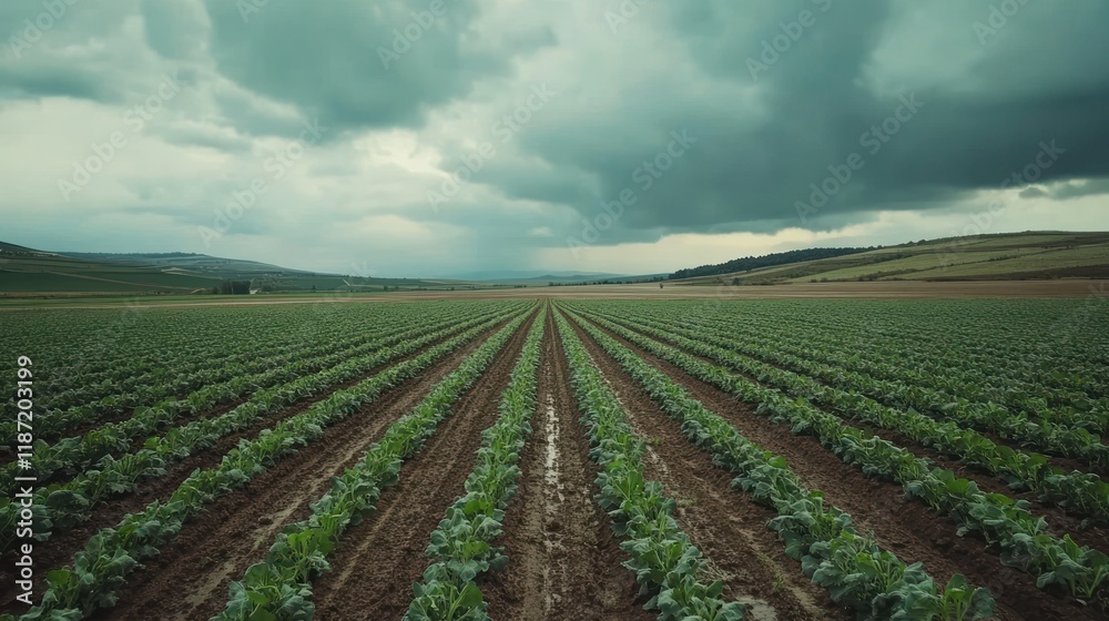 Serene Green Field Under a Dramatic Sky